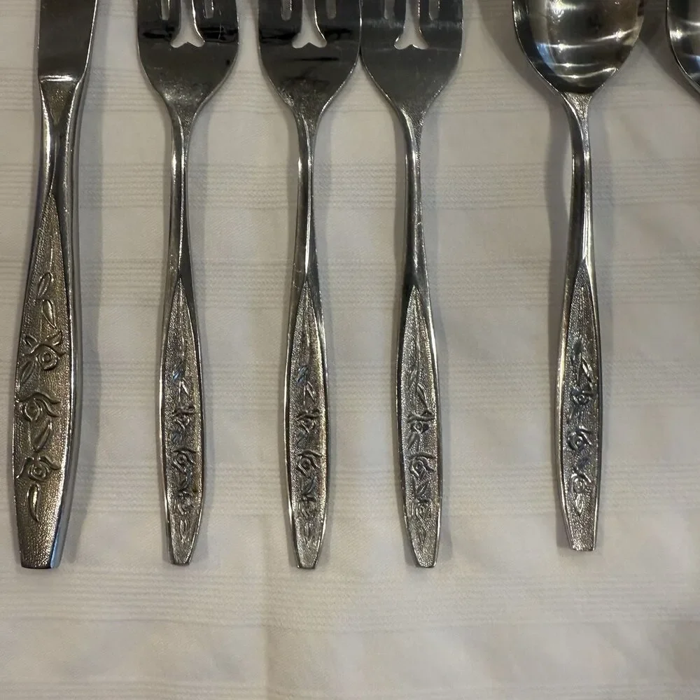 Ekco Eterna Rose Cotillion Stainless Flatware Knife Fork Spoon 13 Pc Vintage